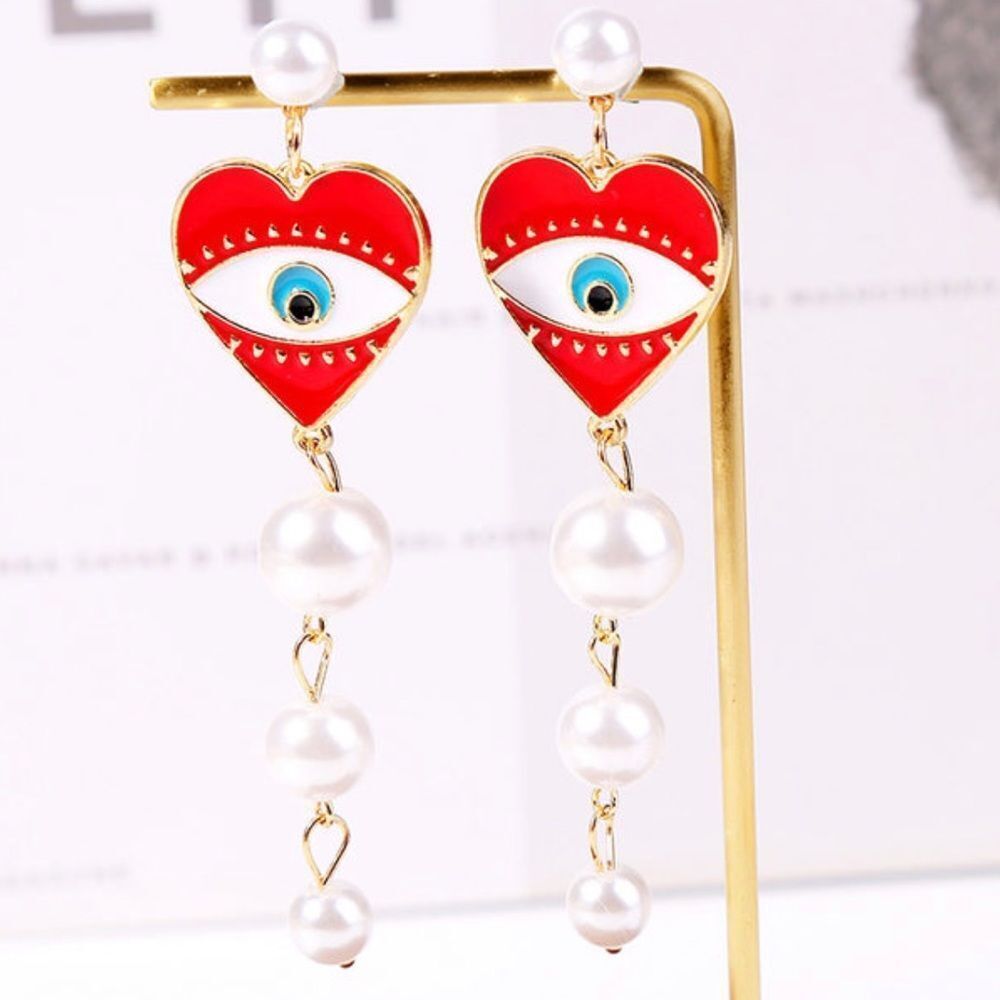 Crimson and Pearl Evil Eye Dangle Post Earrings NWT